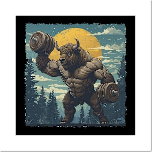 bison lifting weight Posters and Art